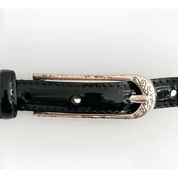 Brighton Patent Leather Belt Black Skinny Silver Tone Buckle Etched Scroll SZ 36 - Picture 2 of 5